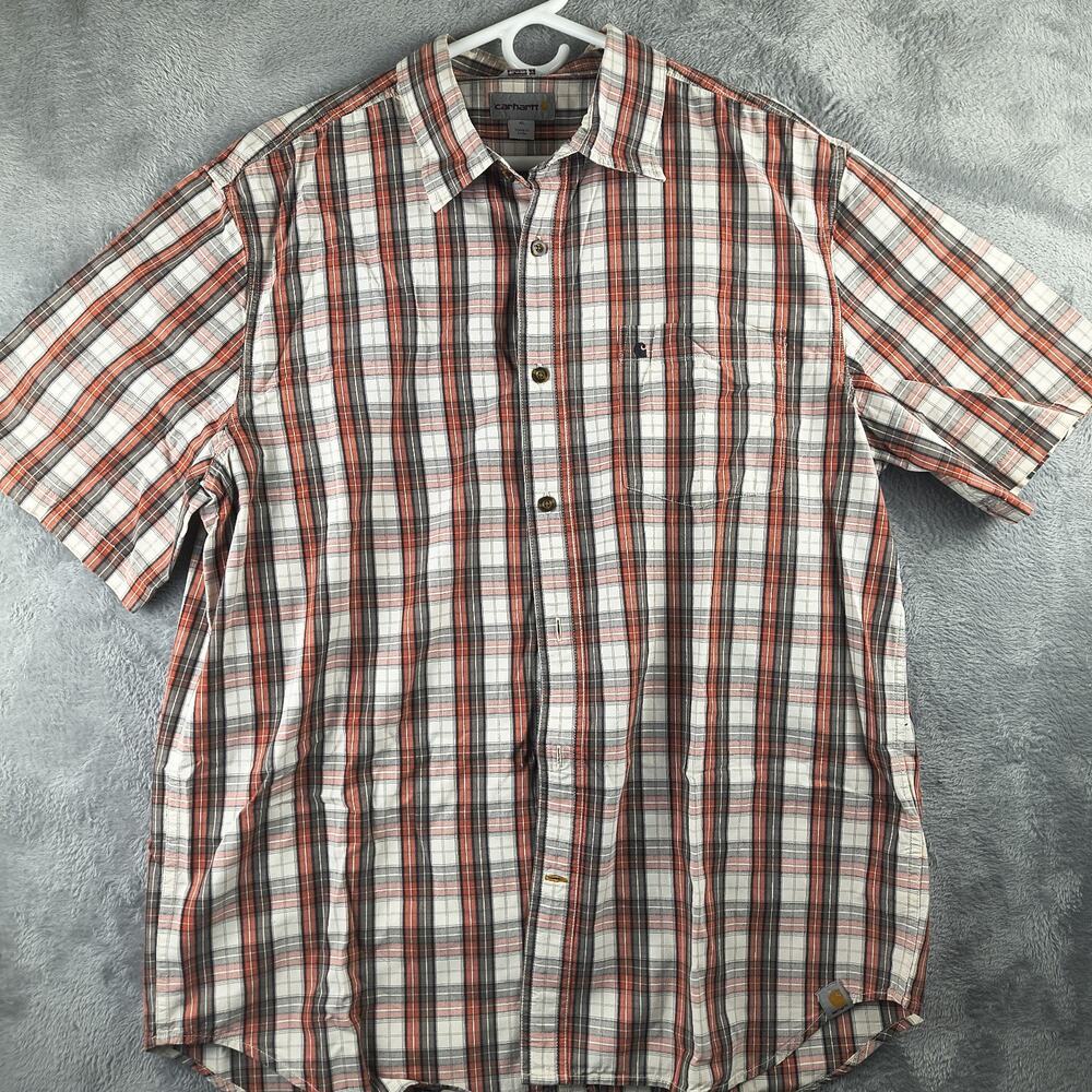 Carhartt Relax Fit Shirt Short Sleeve Button Down Orange Plaid Size XL